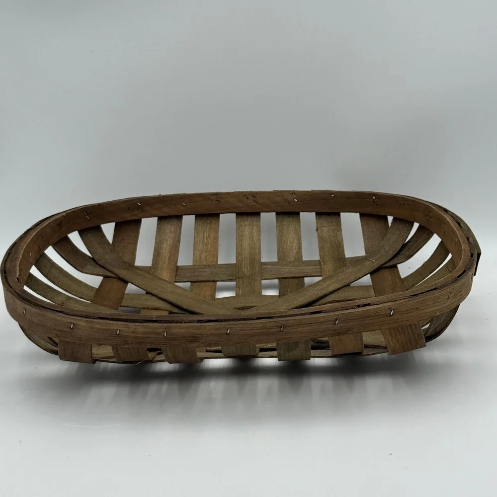 Vintage Woven Wood Tobacco Basket Tray Oval Rustic Farmhouse Decor Brown 13.5in